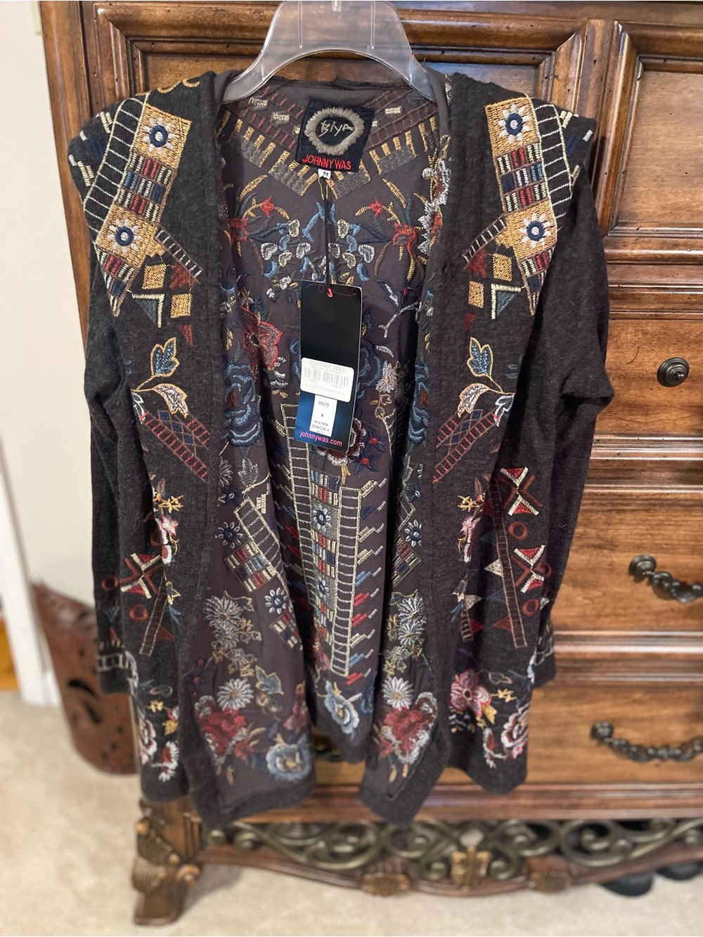 Johnny Was Embroidered Open Front Cardigan - Black with Multicolor Floral